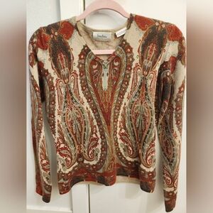Neiman Marcus Cashmere Petite Paisley V-Neck Pullover